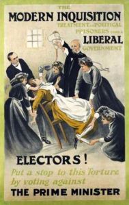 A 1910 poster by Alfred Pearce for the WSPU showing a suffragette being force-fed